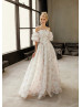 Strapless Pink Printed Organza Wedding Dress With Removable Sleeves